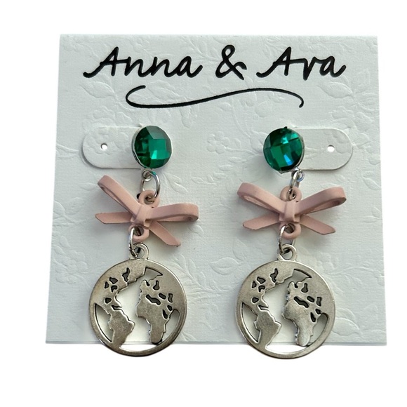 Anna & Ava Silver Earrings with Green and Pink Bow Accent - Picture 1 of 5